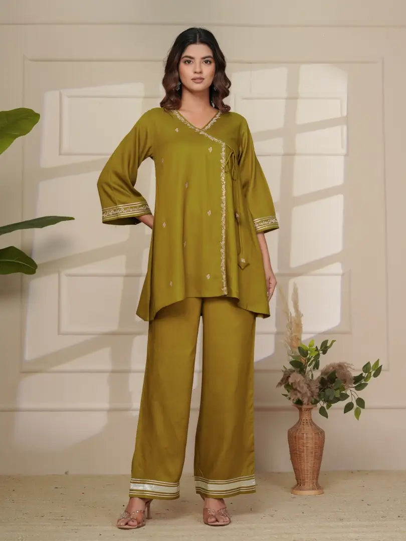Deep Olive Silk Embroidered Angrakha Style Co-ord Set