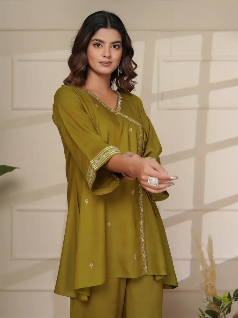 Deep Olive Silk Embroidered Angrakha Style Co-ord Set