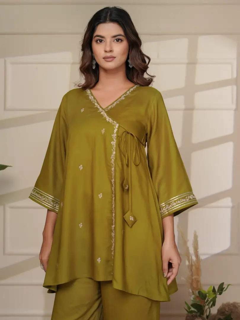 Deep Olive Silk Embroidered Angrakha Style Co-ord Set