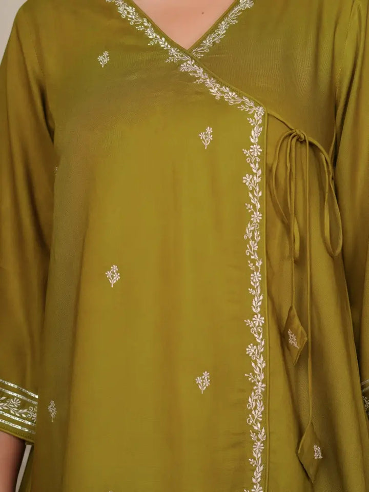 Deep Olive Silk Embroidered Angrakha Style Co-ord Set
