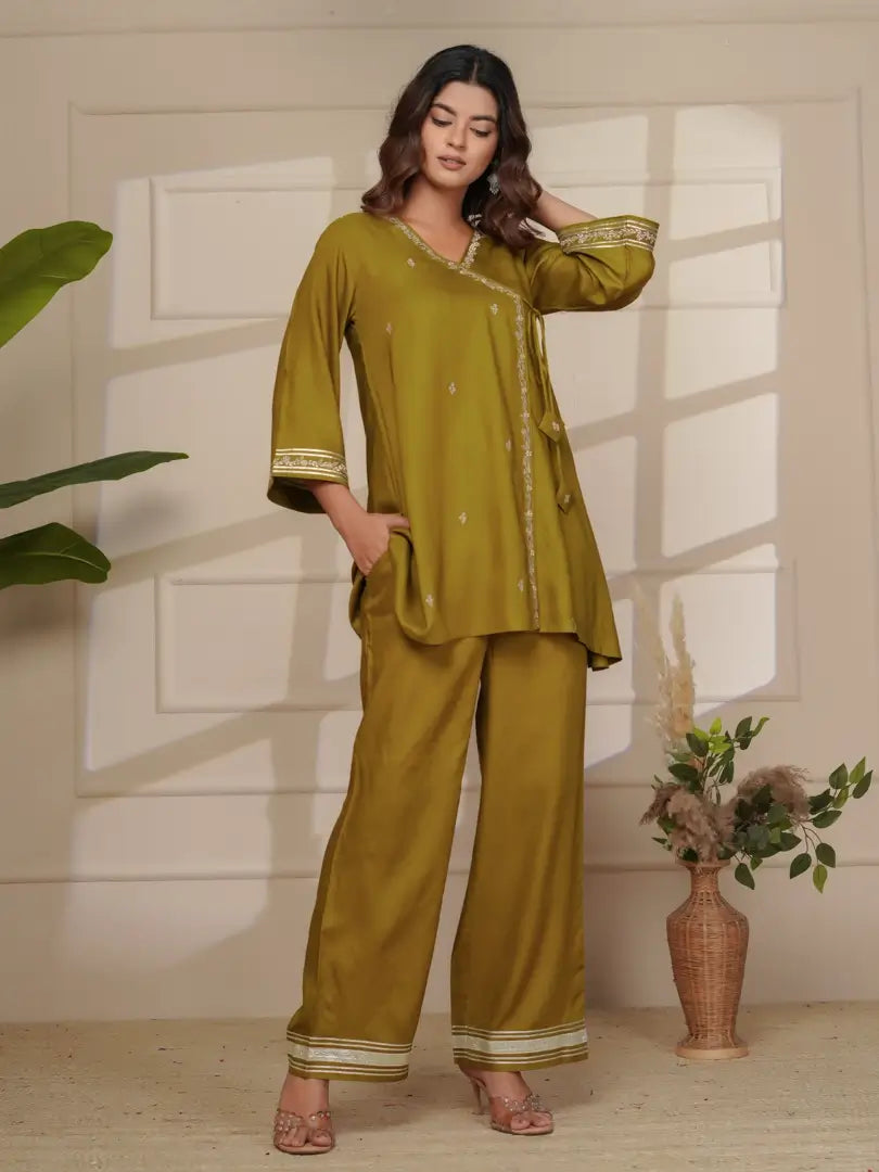 Deep Olive Silk Embroidered Angrakha Style Co-ord Set