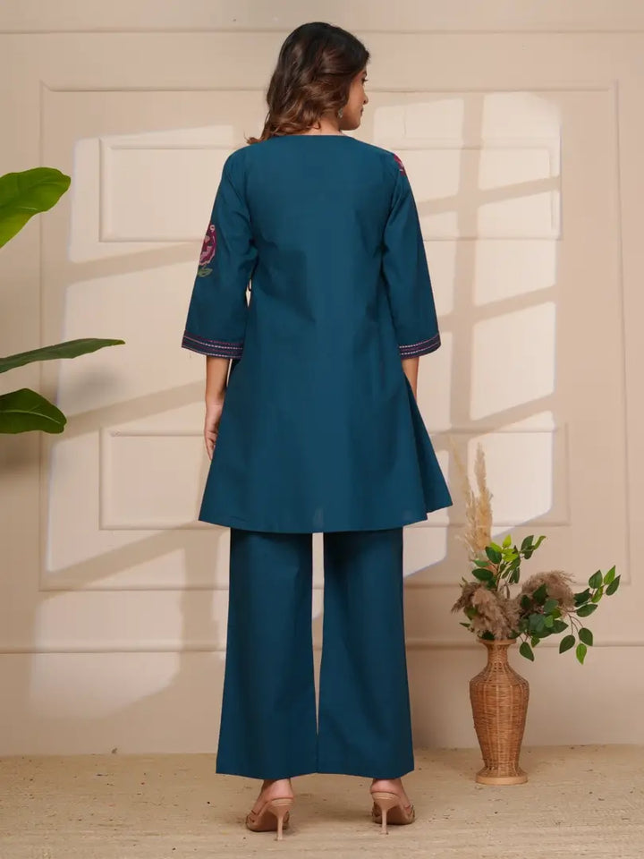 Navy Blue Floral Embroidered Cross Stitch Angrakha Style Co-ord Set