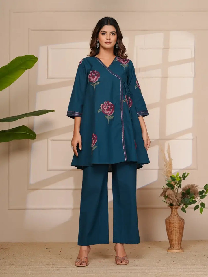 Navy Blue Floral Embroidered Cross Stitch Angrakha Style Co-ord Set