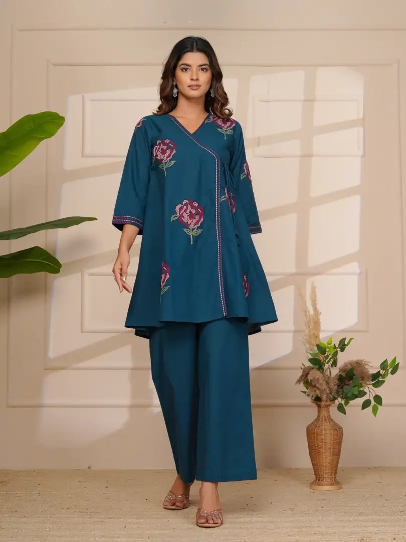 Navy Blue Floral Embroidered Cross Stitch Angrakha Style Co-ord Set
