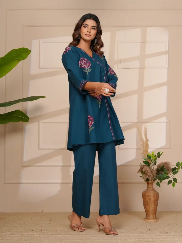 Navy Blue Floral Embroidered Cross Stitch Angrakha Style Co-ord Set
