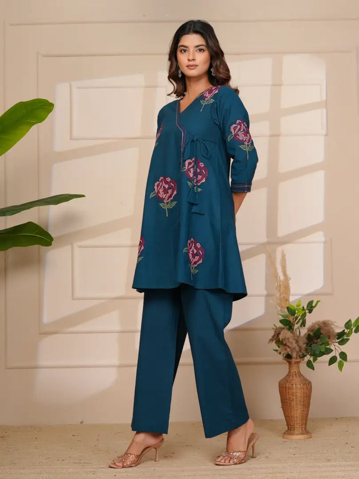 Navy Blue Floral Embroidered Cross Stitch Angrakha Style Co-ord Set