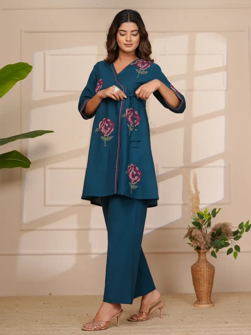 Navy Blue Floral Embroidered Cross Stitch Angrakha Style Co-ord Set