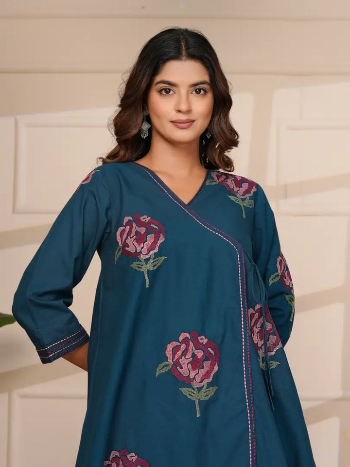 Navy Blue Floral Embroidered Cross Stitch Angrakha Style Co-ord Set
