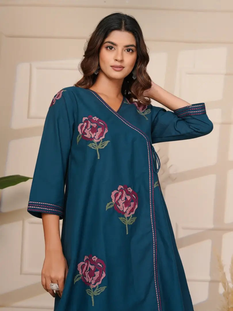 Navy Blue Floral Embroidered Cross Stitch Angrakha Style Co-ord Set