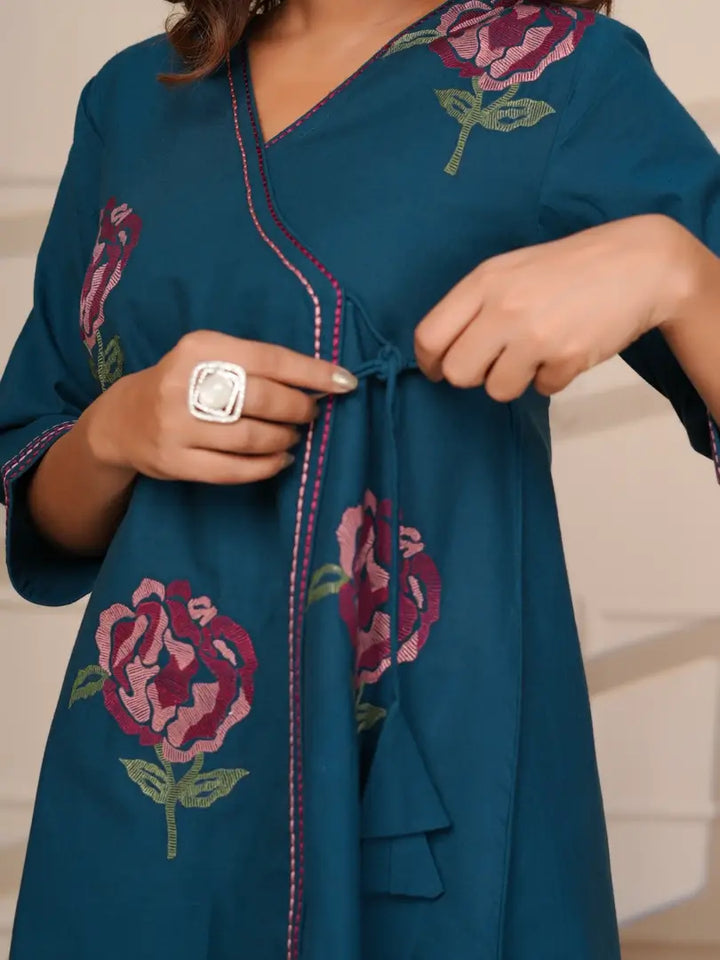 Navy Blue Floral Embroidered Cross Stitch Angrakha Style Co-ord Set
