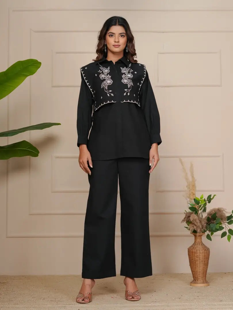 Black Embroidered Floral Scalloped Border Detailing Co-ord Set