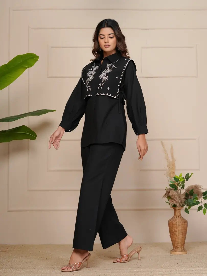 Black Embroidered Floral Scalloped Border Detailing Co-ord Set