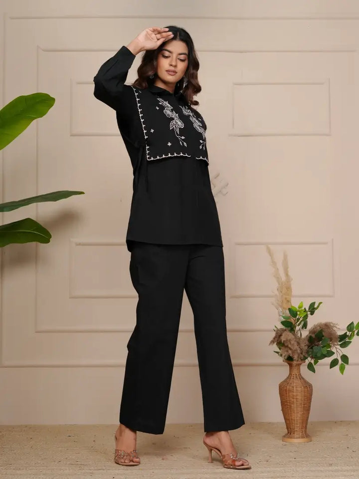 Black Embroidered Floral Scalloped Border Detailing Co-ord Set