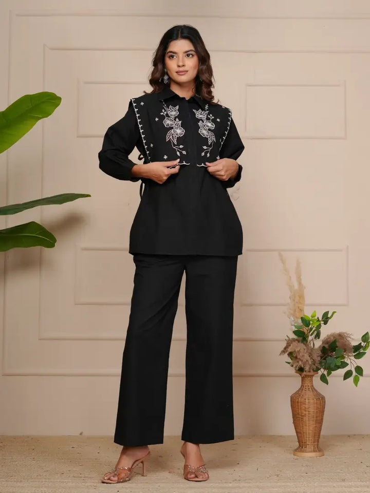 Black Embroidered Floral Scalloped Border Detailing Co-ord Set