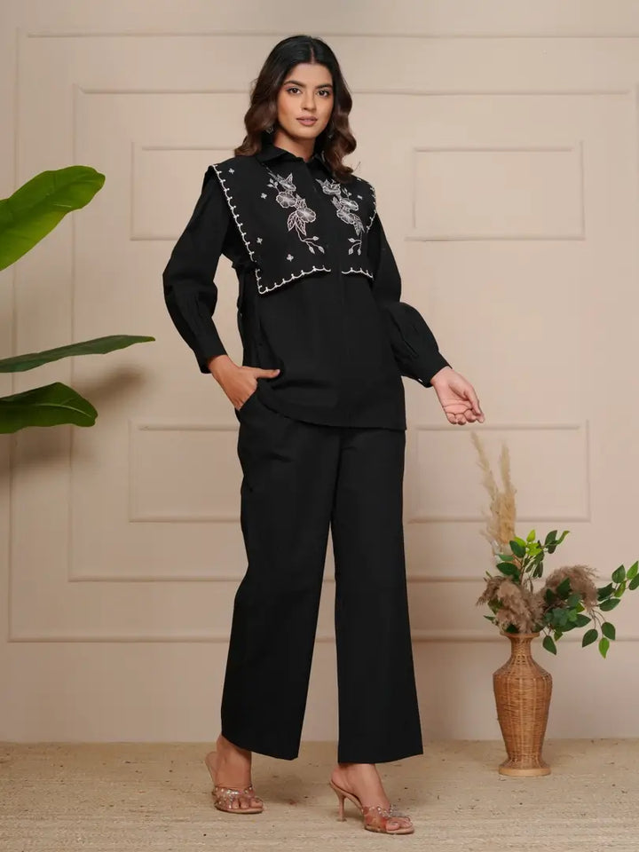 Black Embroidered Floral Scalloped Border Detailing Co-ord Set
