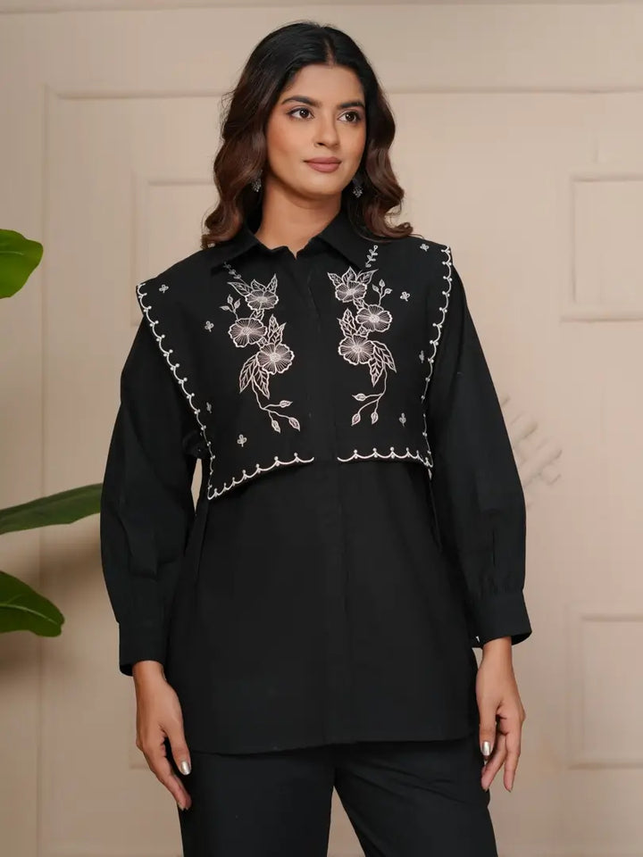 Black Embroidered Floral Scalloped Border Detailing Co-ord Set