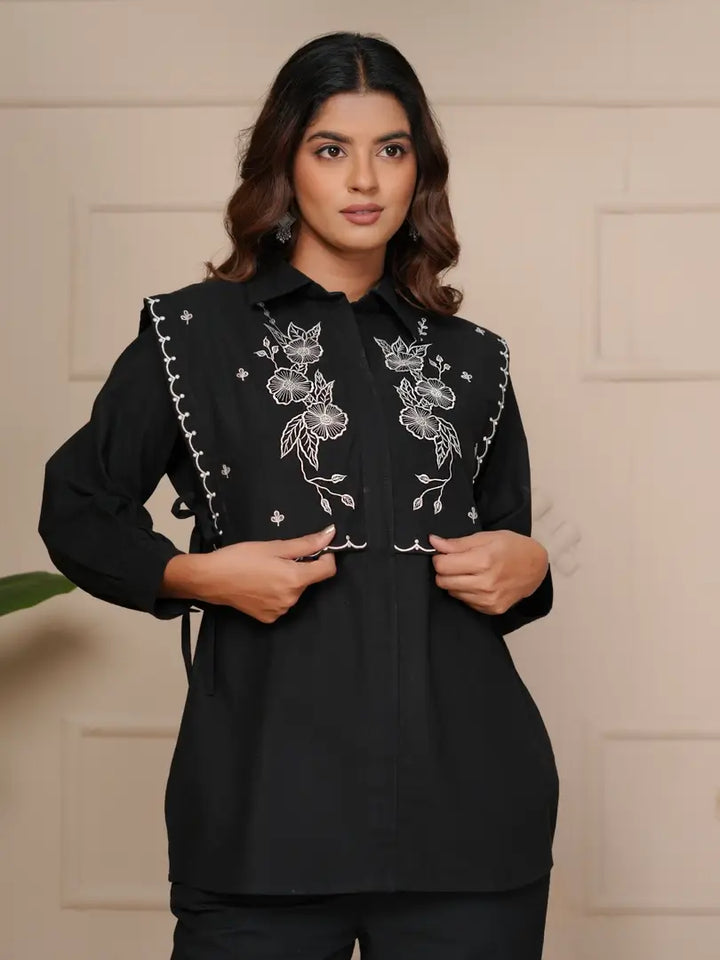 Black Embroidered Floral Scalloped Border Detailing Co-ord Set