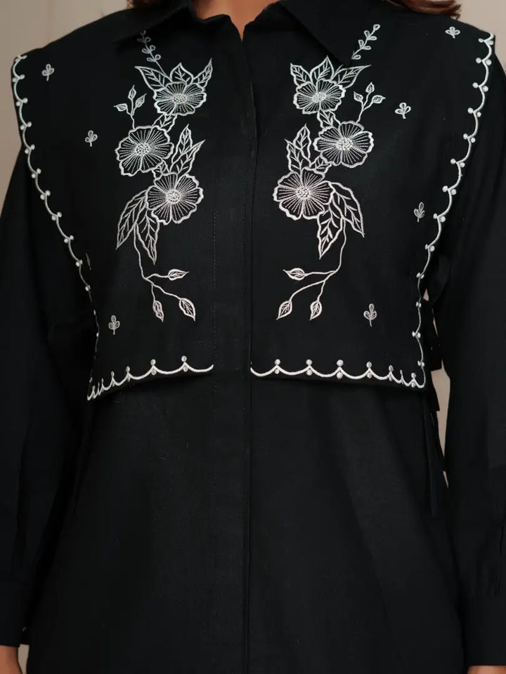 Black Embroidered Floral Scalloped Border Detailing Co-ord Set