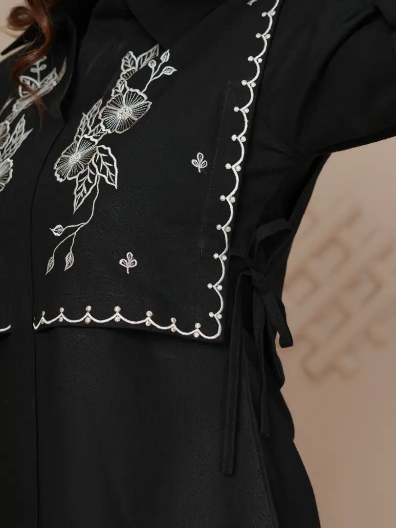 Black Embroidered Floral Scalloped Border Detailing Co-ord Set