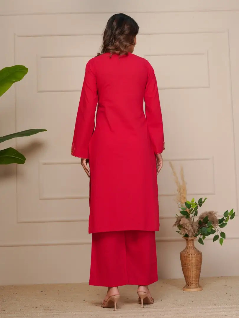 Red Featuring Intricate Katha Embroidery Co-ord Set