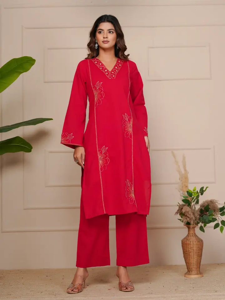 Red Featuring Intricate Katha Embroidery Co-ord Set