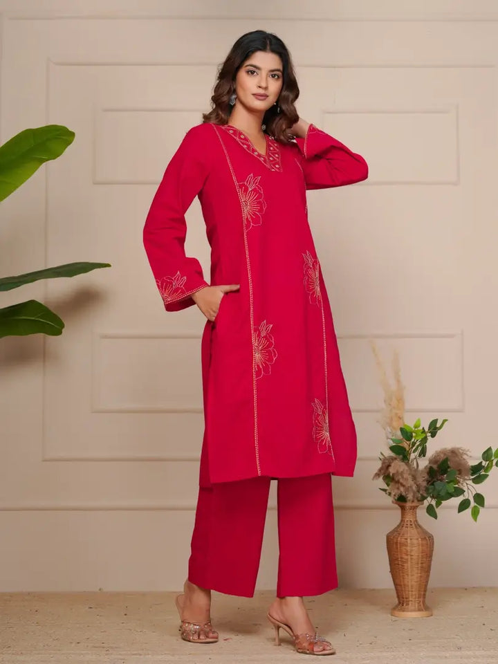 Red Featuring Intricate Katha Embroidery Co-ord Set