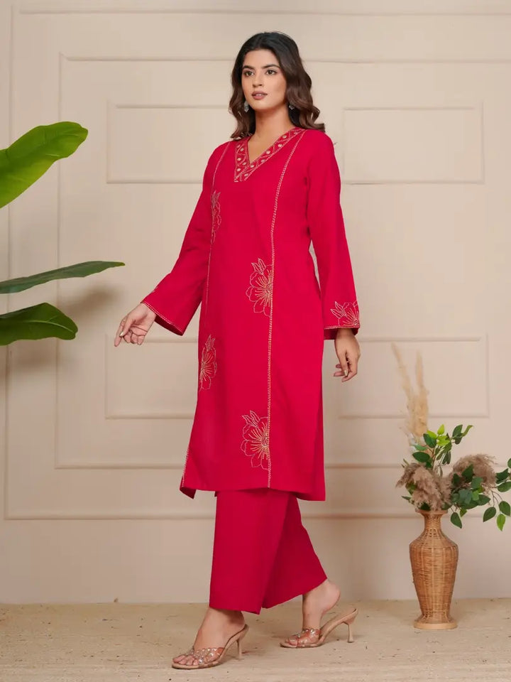 Red Featuring Intricate Katha Embroidery Co-ord Set