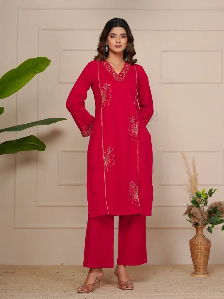 Red Featuring Intricate Katha Embroidery Co-ord Set