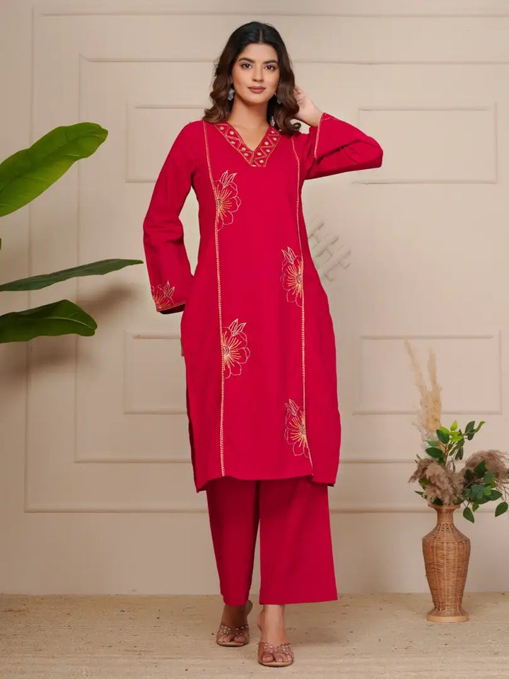 Red Featuring Intricate Katha Embroidery Co-ord Set