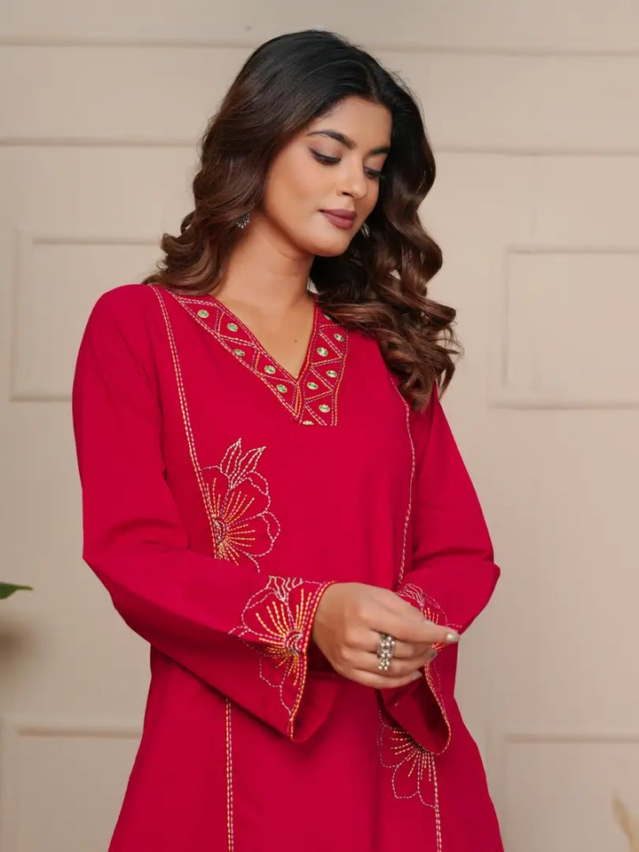 Red Featuring Intricate Katha Embroidery Co-ord Set