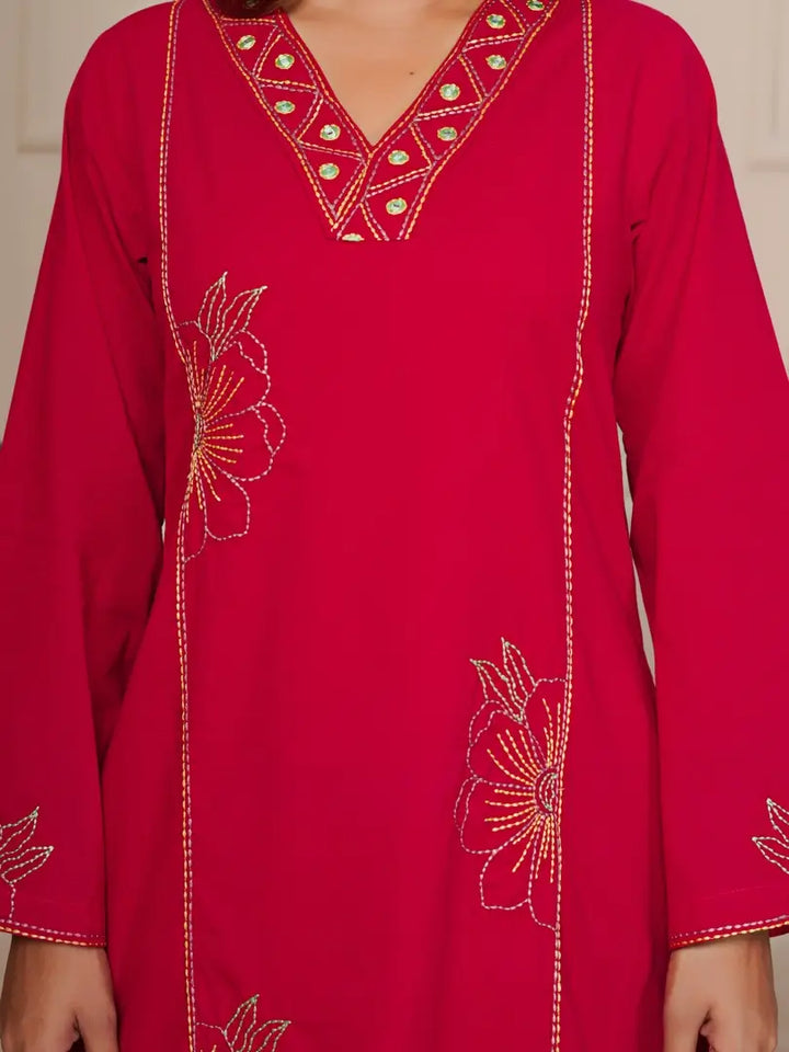 Red Featuring Intricate Katha Embroidery Co-ord Set