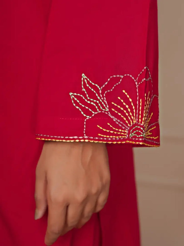 Red Featuring Intricate Katha Embroidery Co-ord Set