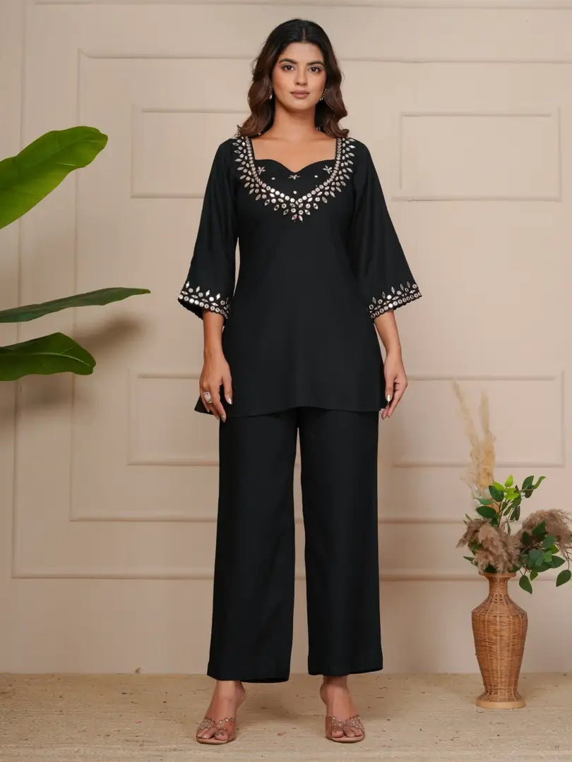 Black Mist Mirror Embroidered Ethnic Co-ord Set