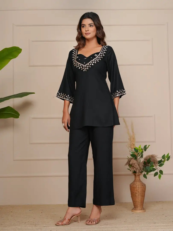 Black Mist Mirror Embroidered Ethnic Co-ord Set