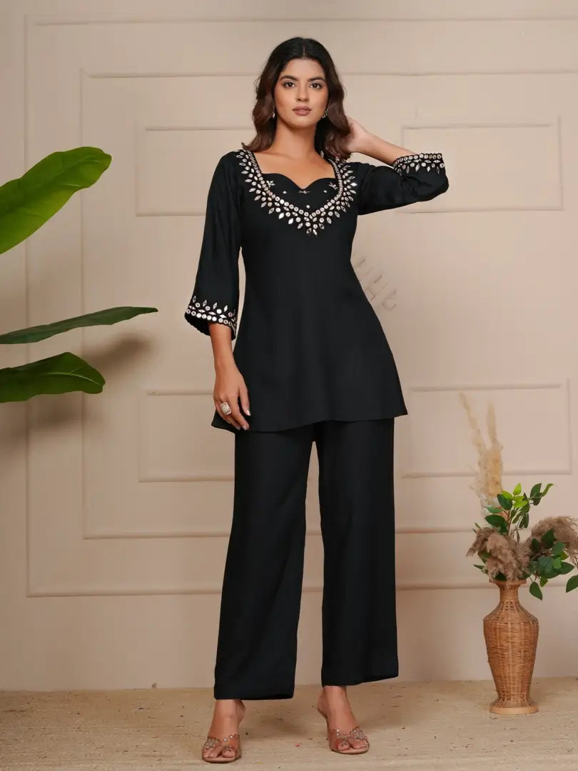 Black Mist Mirror Embroidered Ethnic Co-ord Set