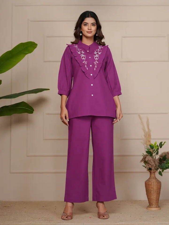 Wine Delicate Floral Embroidered Co-ord Set