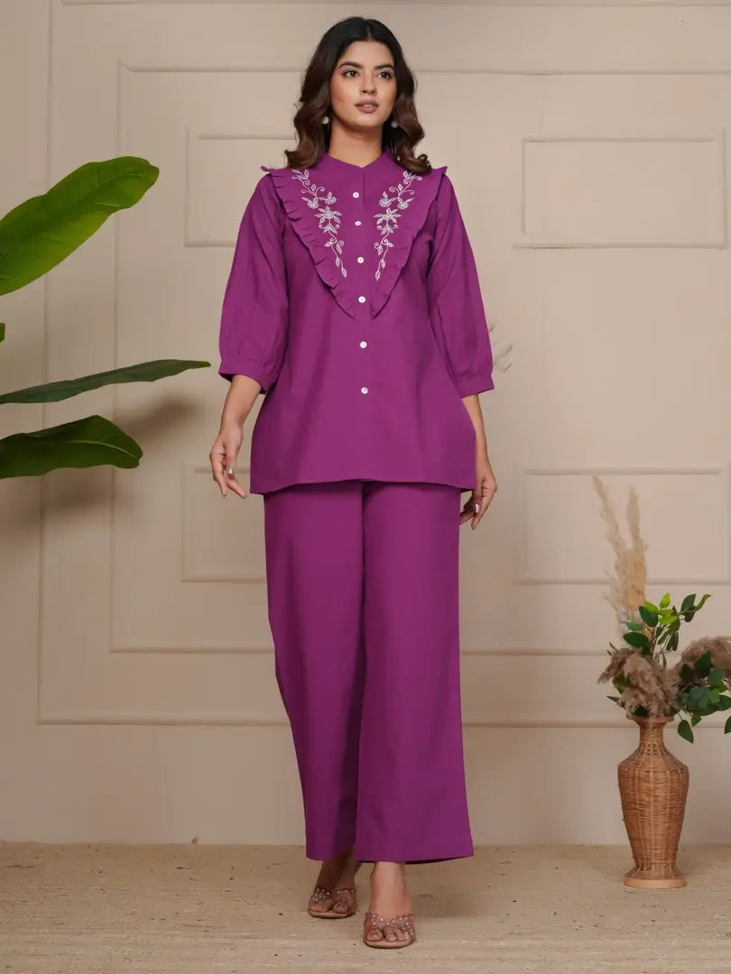 Wine Delicate Floral Embroidered Co-ord Set