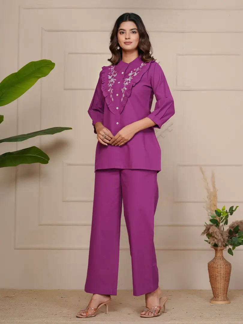 Wine Delicate Floral Embroidered Co-ord Set