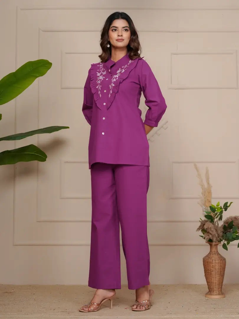 Wine Delicate Floral Embroidered Co-ord Set