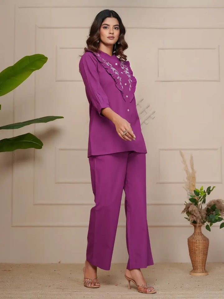Wine Delicate Floral Embroidered Co-ord Set