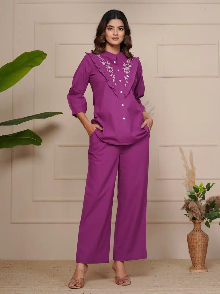 Wine Delicate Floral Embroidered Co-ord Set