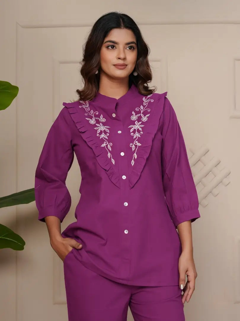 Wine Delicate Floral Embroidered Co-ord Set