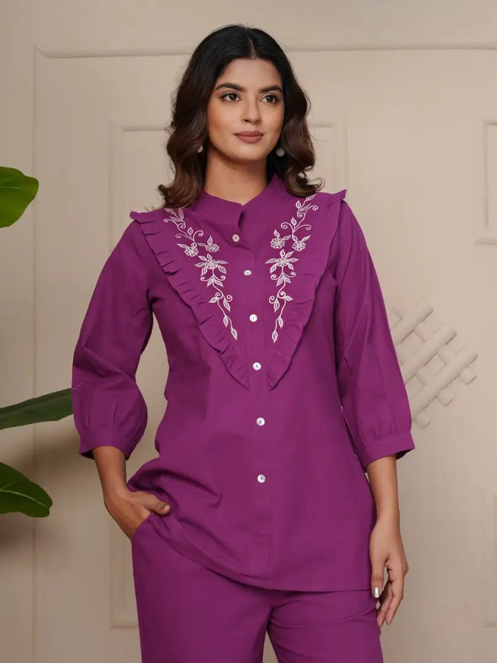 Wine Delicate Floral Embroidered Co-ord Set