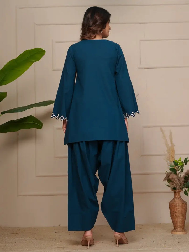 Navy Blue Mirror Embroidered Ethnic Farsi Salwar Set