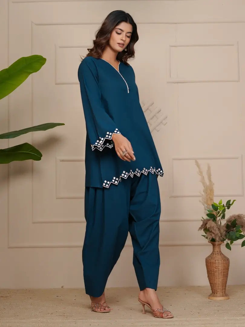 Navy Blue Mirror Embroidered Ethnic Farsi Salwar Set
