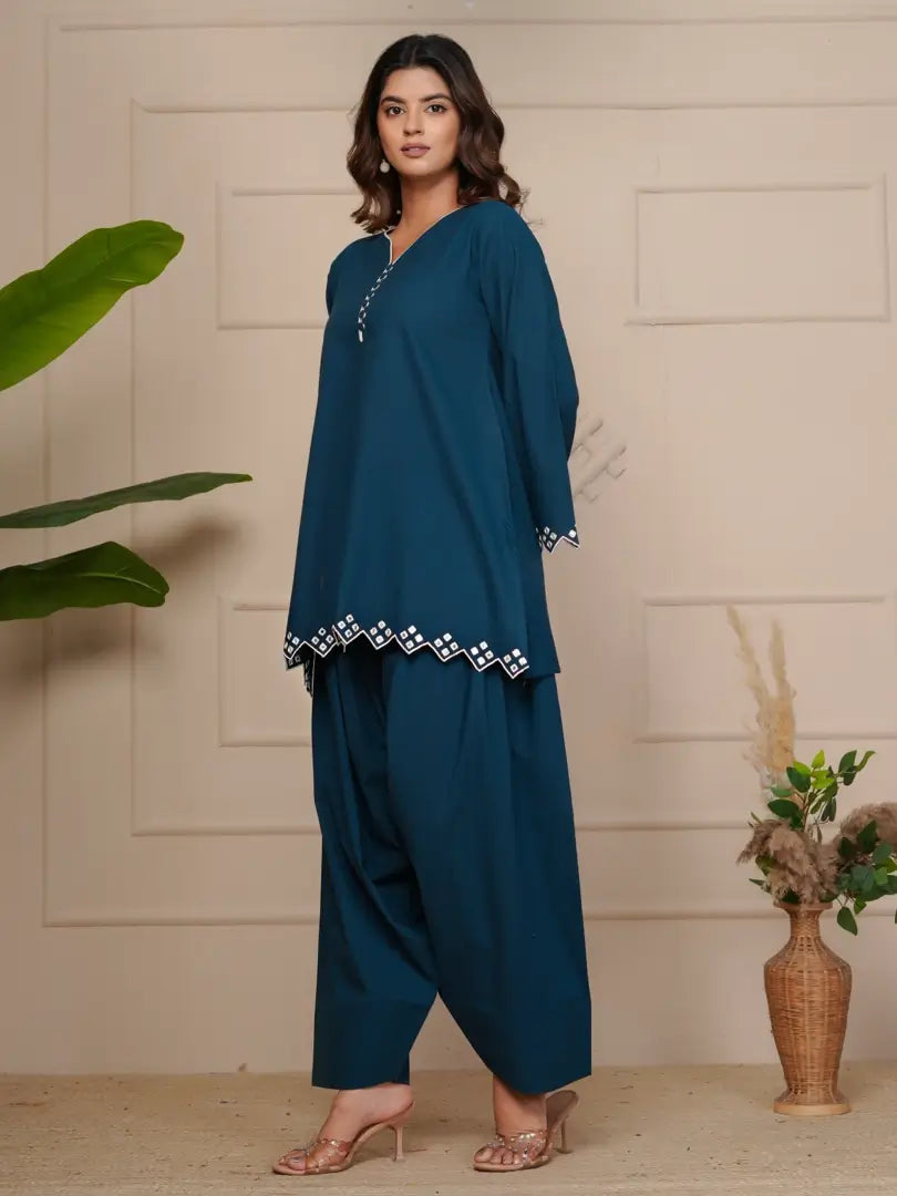 Navy Blue Mirror Embroidered Ethnic Farsi Salwar Set