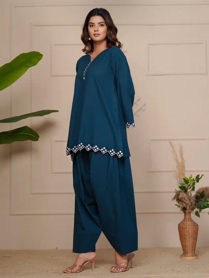 Navy Blue Mirror Embroidered Ethnic Farsi Salwar Set