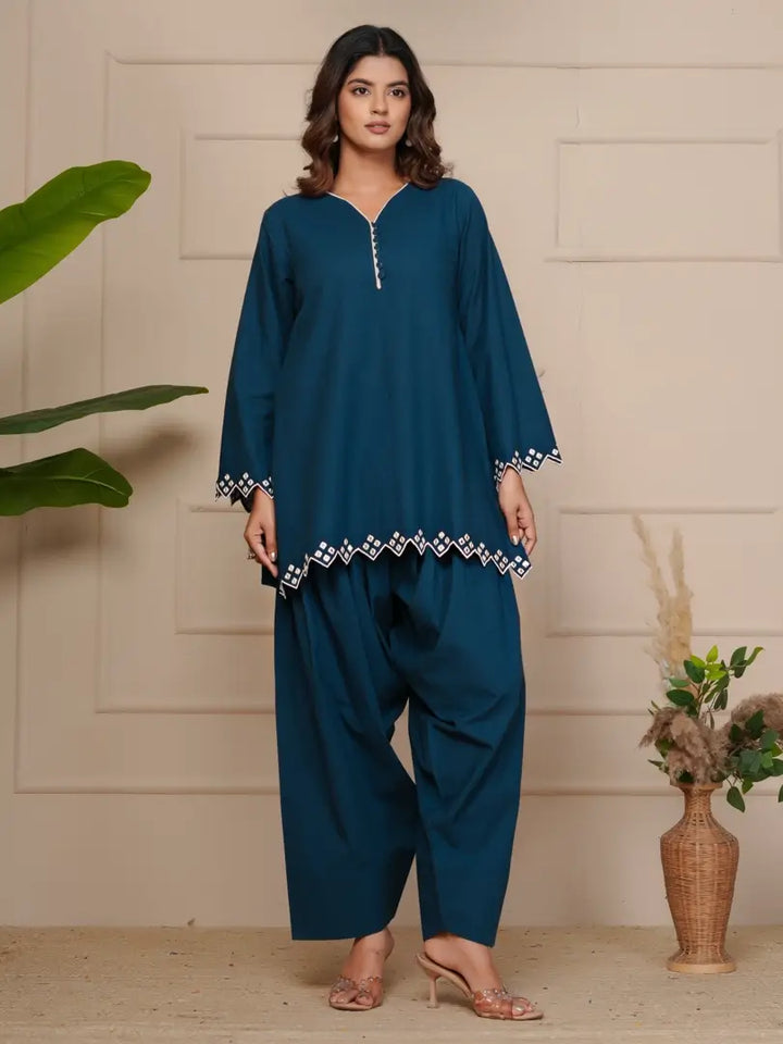 Navy Blue Mirror Embroidered Ethnic Farsi Salwar Set