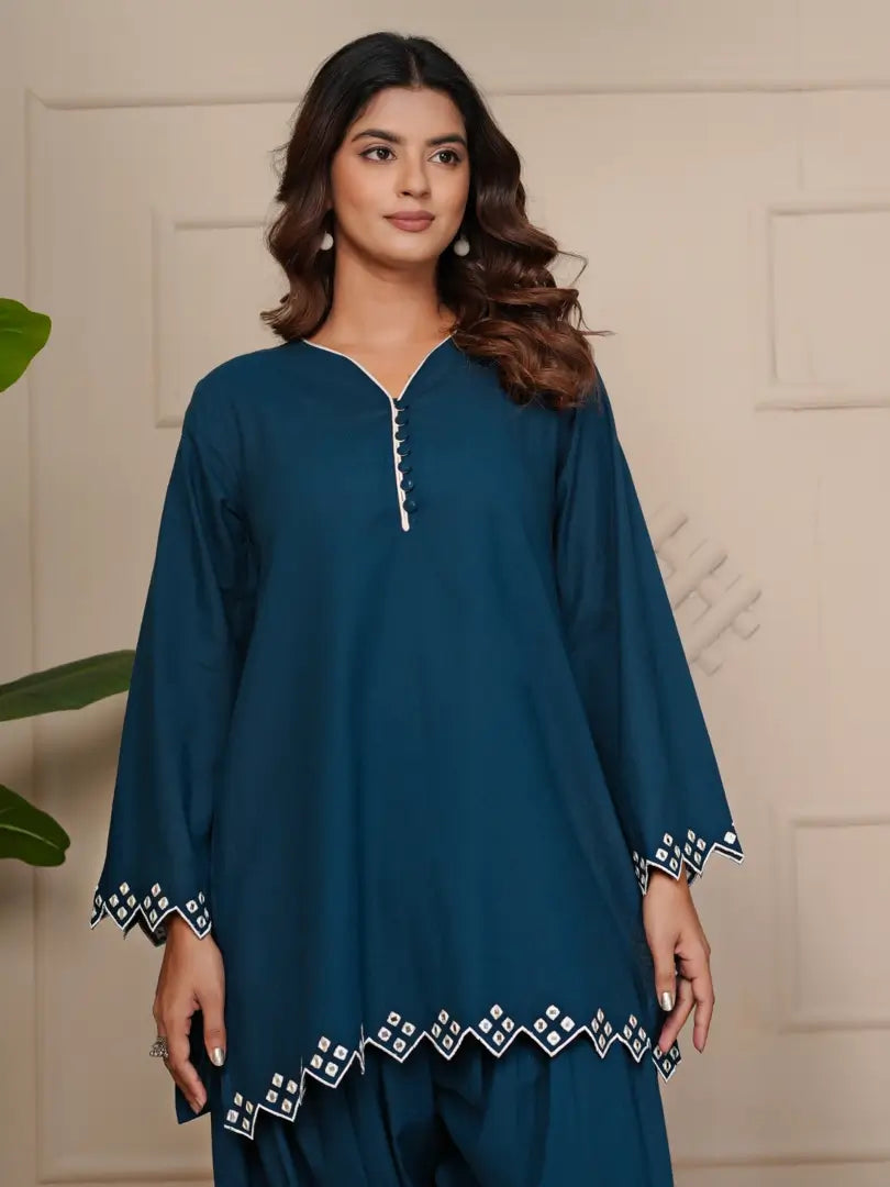 Navy Blue Mirror Embroidered Ethnic Farsi Salwar Set