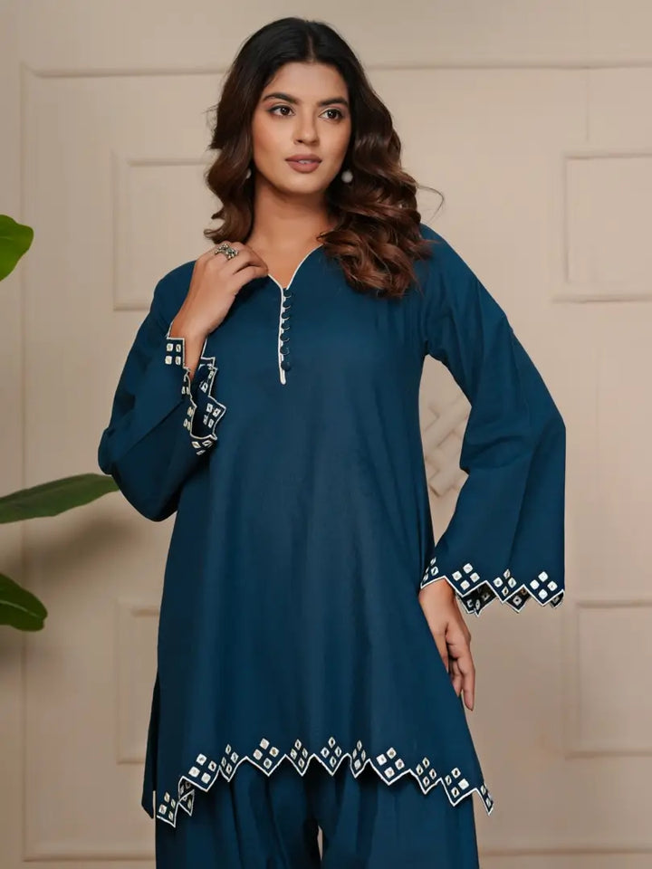 Navy Blue Mirror Embroidered Ethnic Farsi Salwar Set